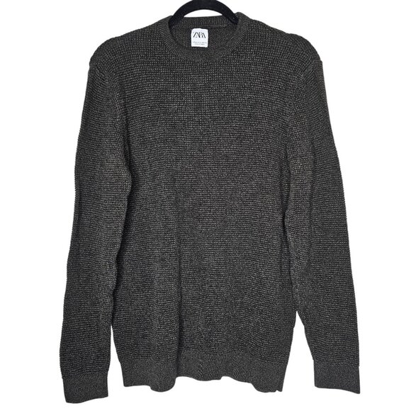 Zara Size M Black Green Waffle Knit Crew Neck Pull Over Sweater Cotton Grandpa - Picture 1 of 6
